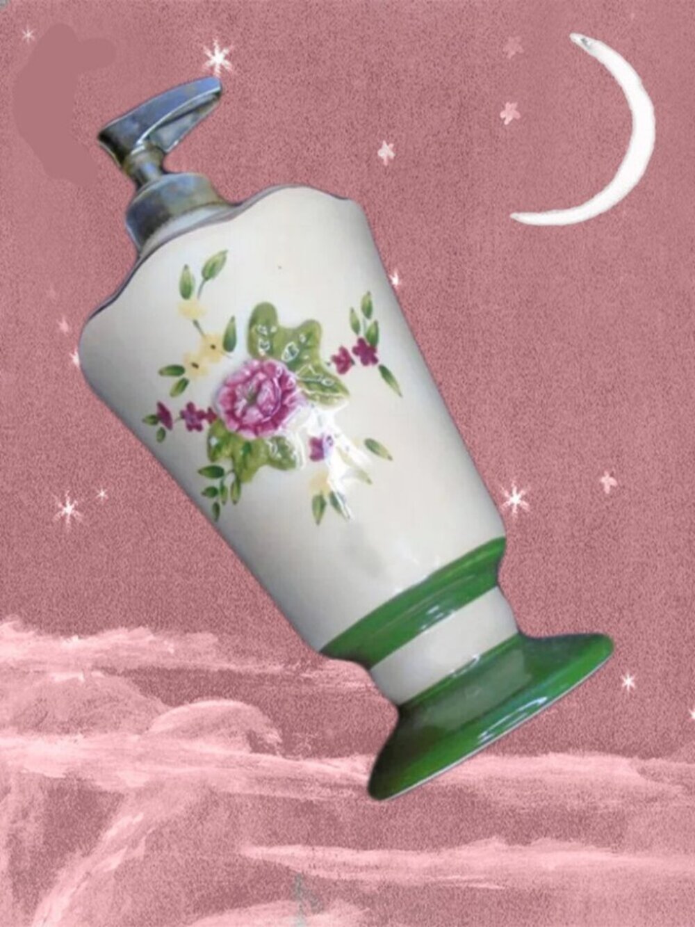Vintage Ceramic Floral Soap / lotion Dispenser, Cottagecore Bathroom Accessory